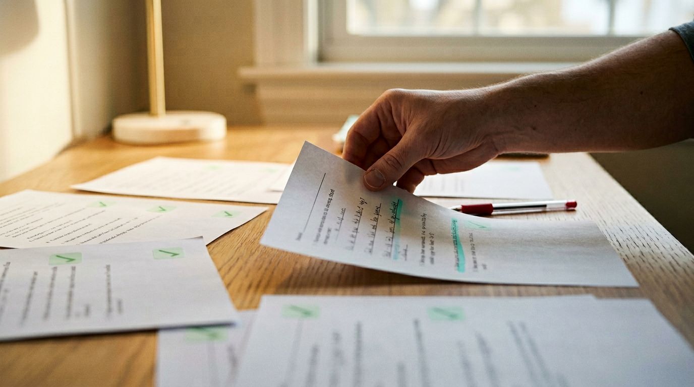 A teacher's hand pulling a single student paper out from a desk full of auto-graded papers, separating an uncertain answer for human review