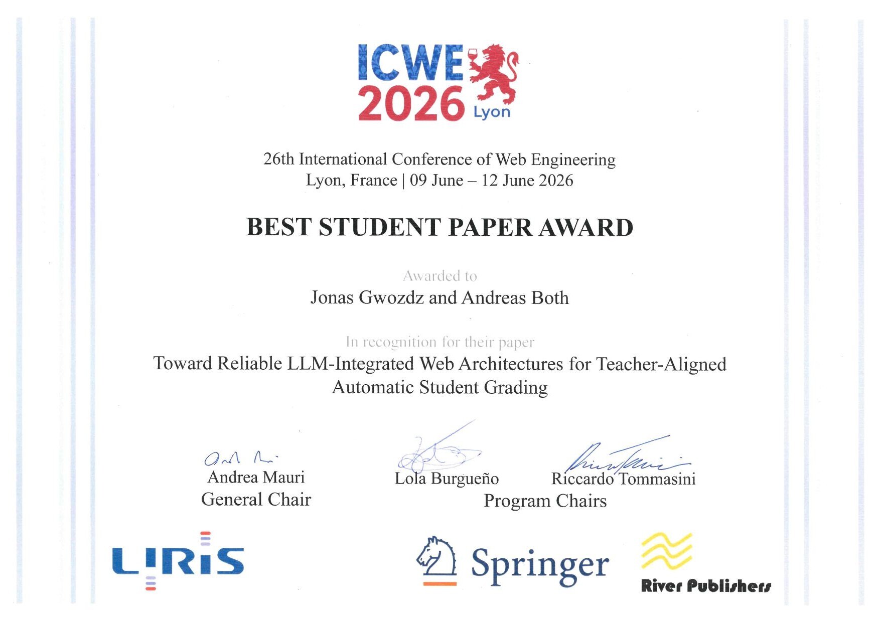 Best-Student-Paper-Urkunde der ICWE 2026, ausgestellt auf Jonas Gwozdz und Andreas Both