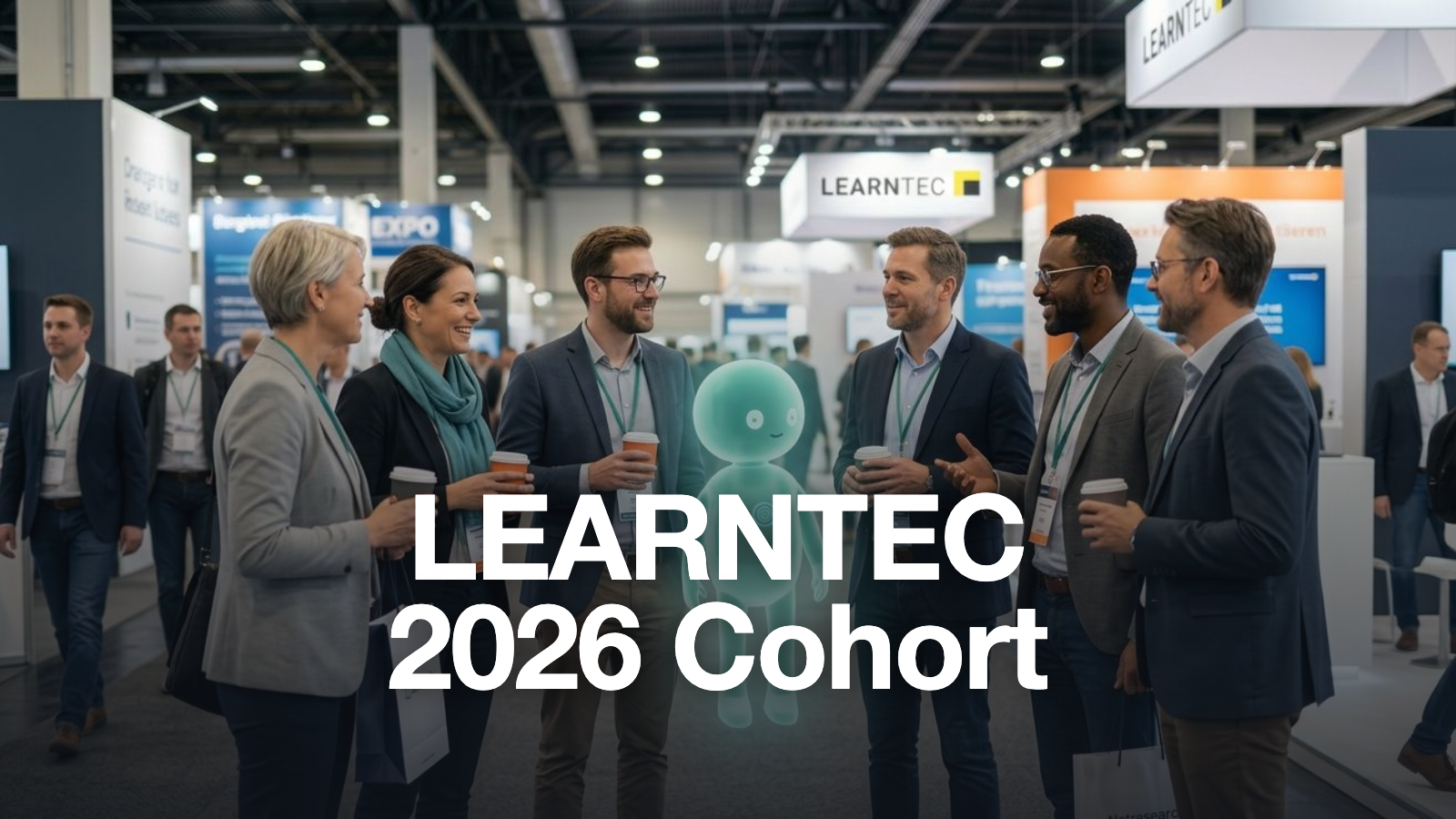 Sechs L&D-Professionals stehen im Kreis mit einer durchscheinenden teal ScormIQ-KI-Tutor-Figur in der Mitte, LEARNTEC-Messehalle im Hintergrund. Titel im Bild: LEARNTEC 2026 Cohort.