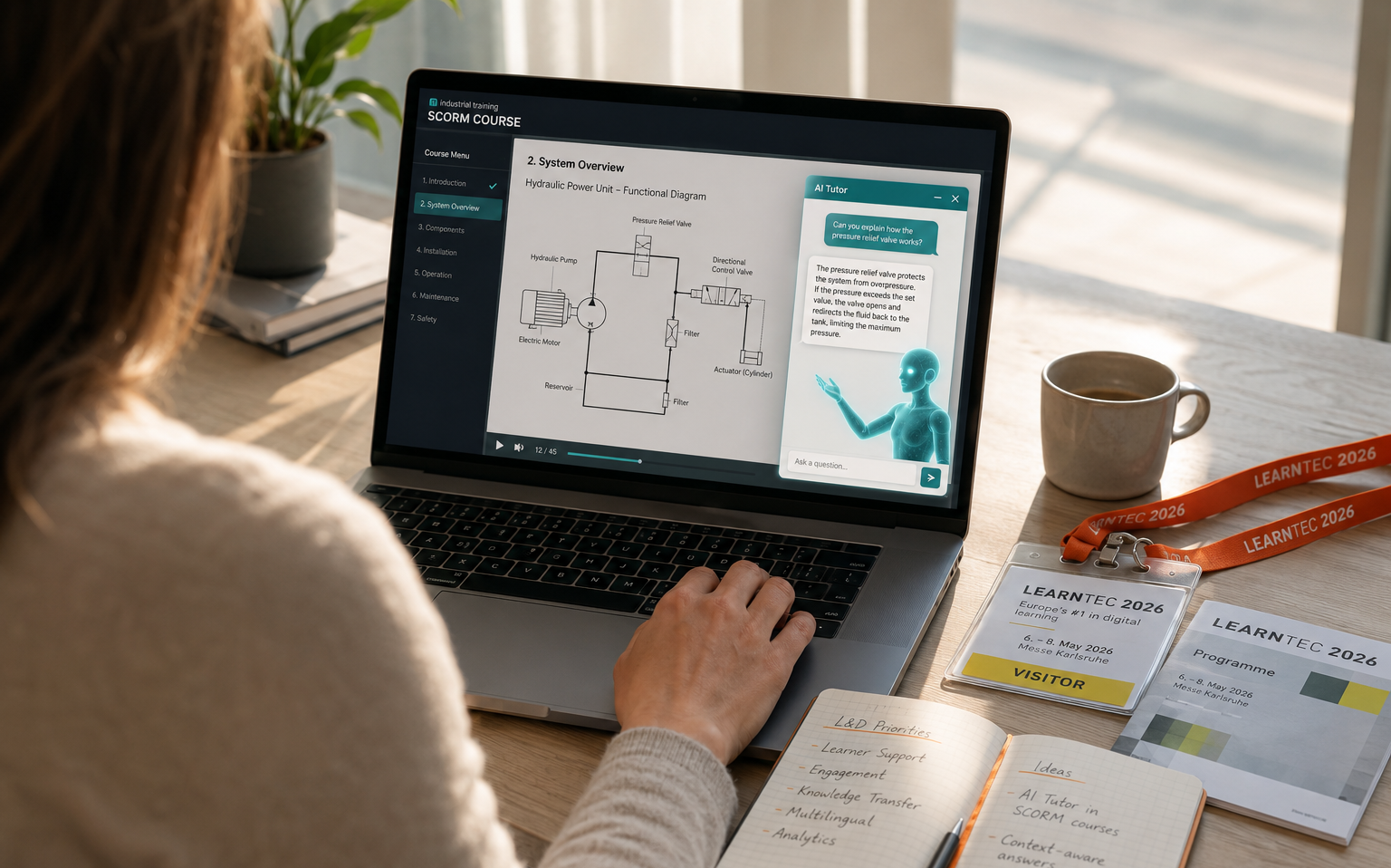 Over-the-shoulder view of an L&D professional working through a SCORM e-learning module on a laptop. The course shows a hydraulic system diagram with an integrated AI tutor chat widget answering a question about a pressure relief valve. LEARNTEC 2026 lanyards, a conference programme, and a handwritten L&D priorities notebook are visible on the desk.