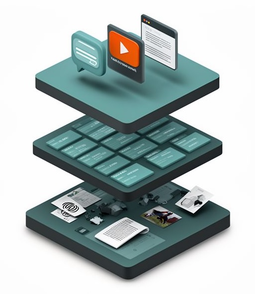 Three-layer isometric diagram showing raw knowledge at the bottom, structured data in the middle, and chat, video and text outputs at the top