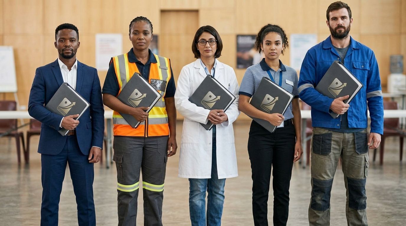 Diverse Gruppe von Mitarbeitern in unterschiedlicher Berufskleidung, alle mit demselben übergroßen Schulungsordner