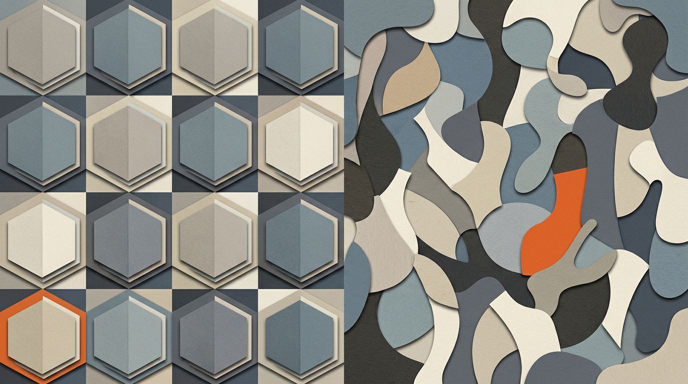 Abstract collage: identical shapes in a grid versus diverse organic shapes fitting together