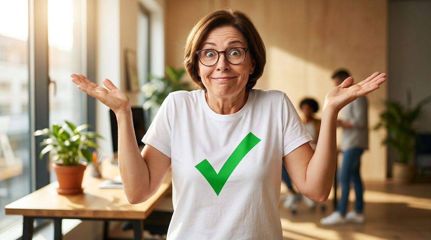 Person with checkmark on shirt shrugging — completed the course but remembers nothing
